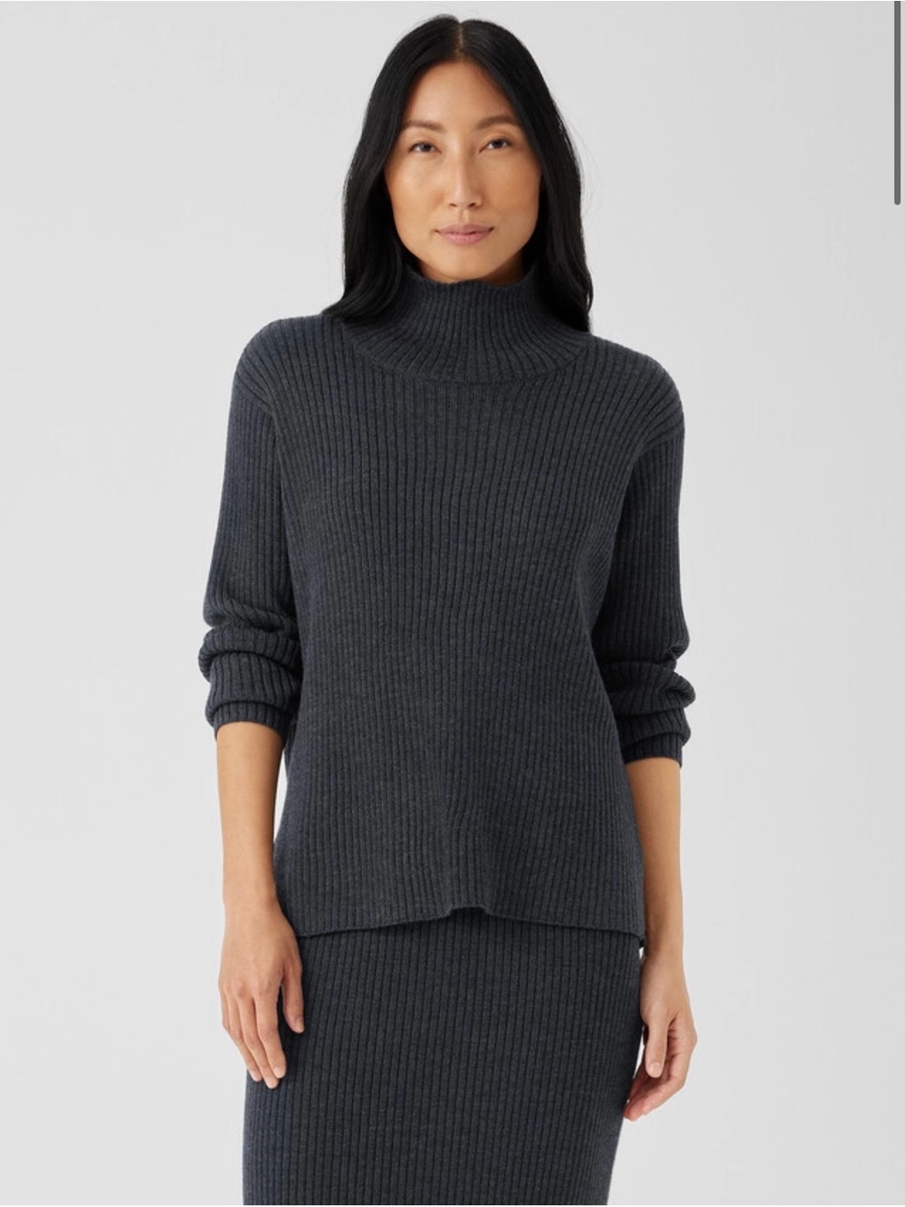 EILEEN FISHER Merino Wool Charcoal Ribbed Mock-Turtleneck Sweater